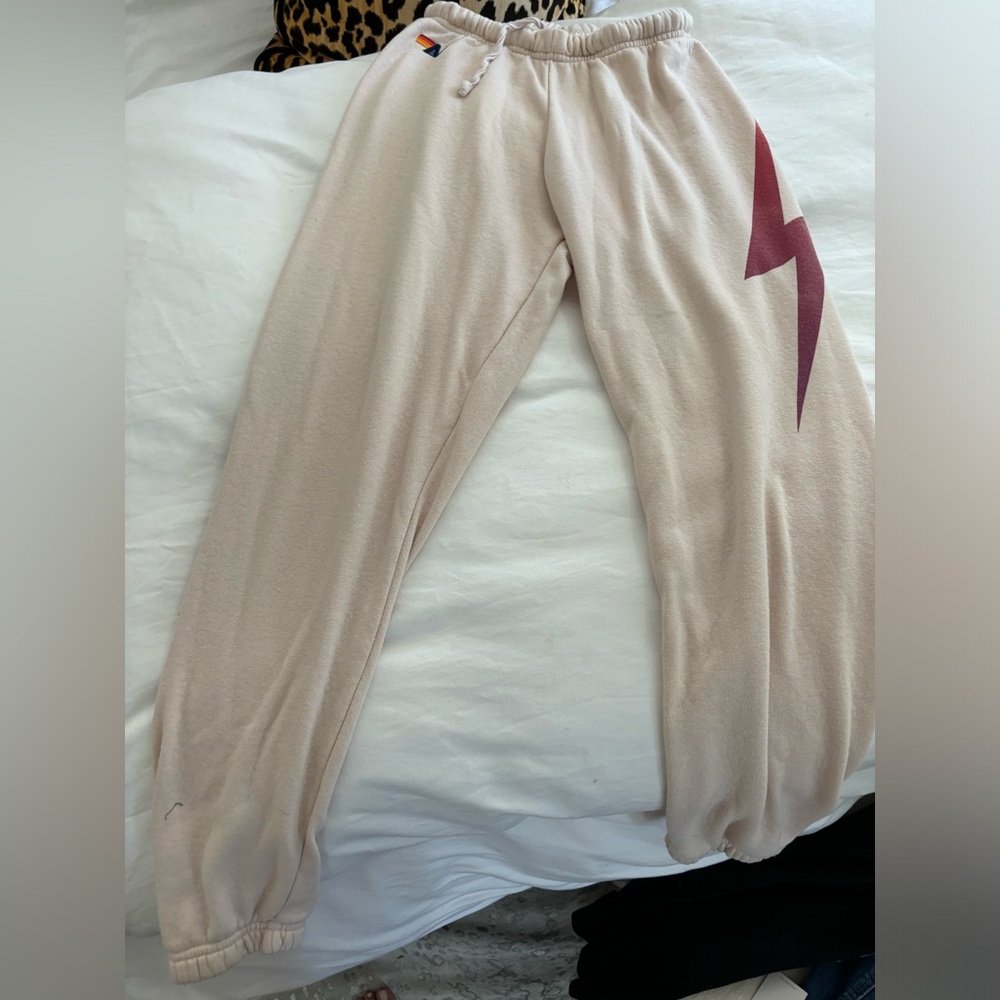 Aviator Nation Beige with pink bolt sweats size small